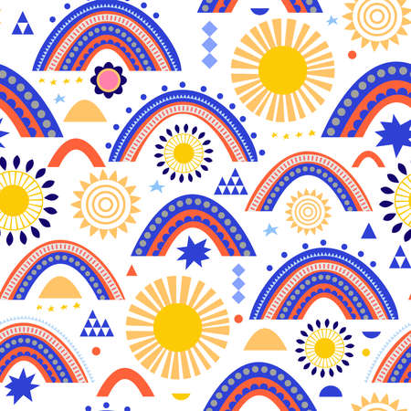 Seamless pattern with rainbow and sun, geometric elements. Lights, stars. Modern shape hand drawn wallpaper. Vector.のイラスト素材