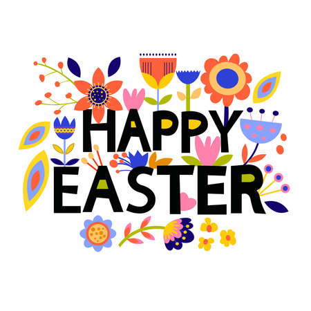 Beautiful lettering set with flowers. Vector abstract paper cut flowers illustration with text HAPPY EASTER.のイラスト素材