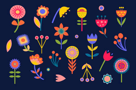 Flowers set in paper art folk style. Silhouette illustration. Vector drawing. Geometric ornamentのイラスト素材