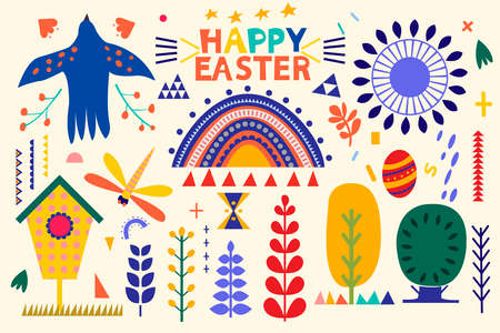 Easter holiday set with chicken, rabbit, cut in paper art style. HAPPY EASTER text. Silhouette illustration. Vector drawing. Geometricのイラスト素材