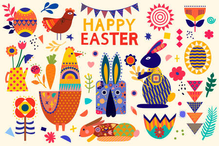 Easter holiday set with chicken, rabbit, cut in paper art style. HAPPY EASTER text. Silhouette illustration. Vector drawing. Geometricのイラスト素材