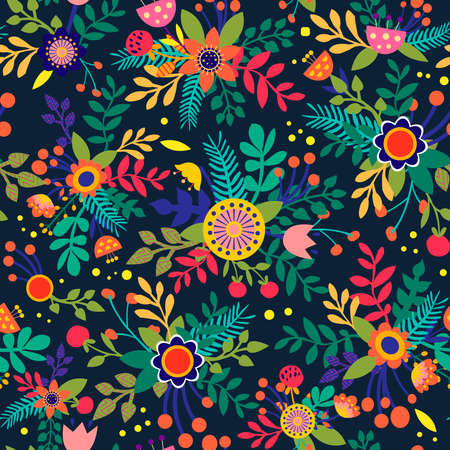 Colorful seamless pattern with flowers cut in paper art folk style. Silhouette ornamenr illustration. Vector drawing.のイラスト素材