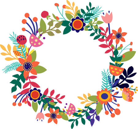 Colorful wreath with flowers cut in paper art folk style. Silhouette illustration. Vector drawing. Geometricのイラスト素材