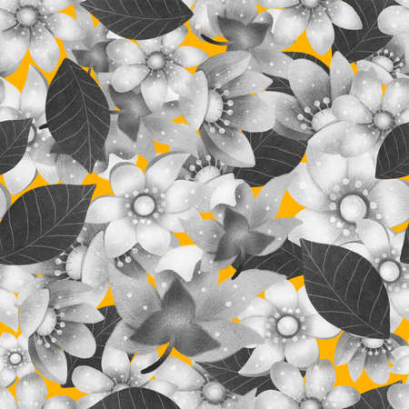 Beautiful seamless pattern for decorative design. Abstract flowers illustration on yellow background. Nature trendy design.の写真素材