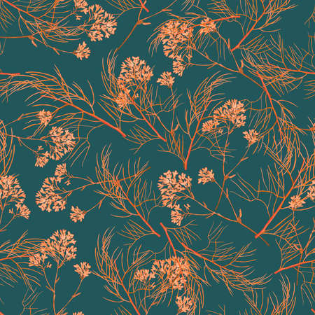 Pattern with wild flowers and leaves on black. Pattern with herbs and daisies. Vintage illustration for fabric design. Foliage pattern. Trendy floral designの写真素材