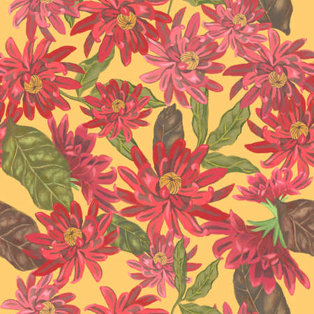 Purple, burgundy seamless pattern with hand drawn red blossom flowers and leaves for cards prints and invitationの写真素材