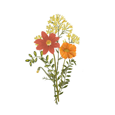 Bouquet with wild flowers and leaves. Vintage illustration for fabric design. Foliage illustration. Trendy floralの写真素材