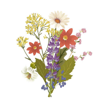 Bouquet with wild flowers and leaves. Vintage illustration for fabric design. Foliage illustration. Trendy floralの写真素材