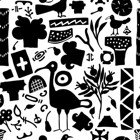 Modern folklore black seamless pattern. Hand drawn abstract contemporary illustration with birds, flowers. Vectorのイラスト素材