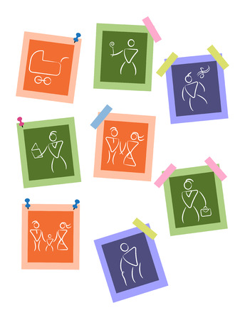 White outline - silhouette people pictures on colored background, vector setのイラスト素材