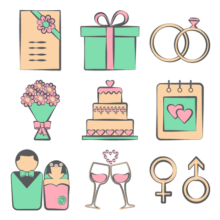 Colorful wedding set, vector illustrationのイラスト素材