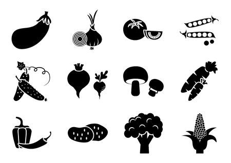 Set of vegetables, black and white silhouette, vector illustrationのイラスト素材