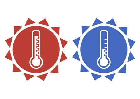 Thermometer icons in red and blue colors. Thermometer for heat and cold weather. Vector illustrationのイラスト素材