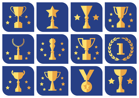 Awards and cups on a blue background, flat icons, vector setのイラスト素材