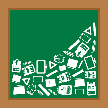 Back to school. Green background with white school supplies, blackboard. Vector illustrationのイラスト素材