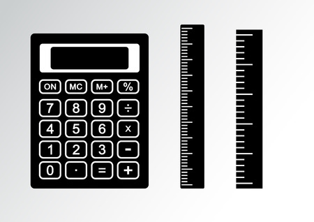 Black and white set - calculator and ruler. Vector illustrationのイラスト素材