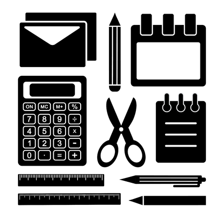 Black and white set stationery. Office supplies vector illustration.のイラスト素材