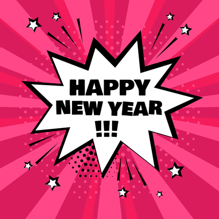White comic bubble with HAPPY NEW YEAR word on pink background. Comic sound effects in pop art style. Vector illustration.のイラスト素材