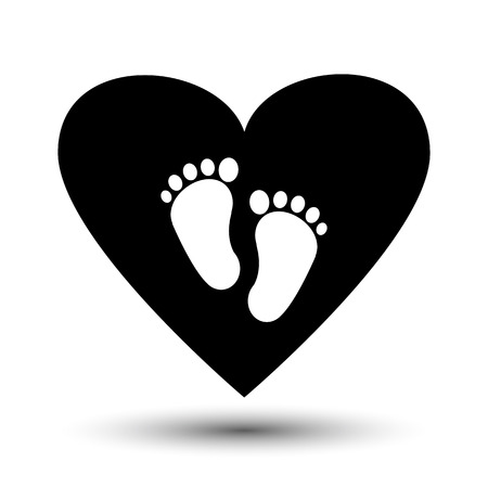 Symbol of pregnancy or childbirth. White baby footprints in black heart. Vector illustration.のイラスト素材