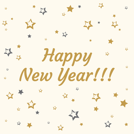 Festive card with golden and gray stars and golden inscription Happy New Year. Vector illustrationのイラスト素材