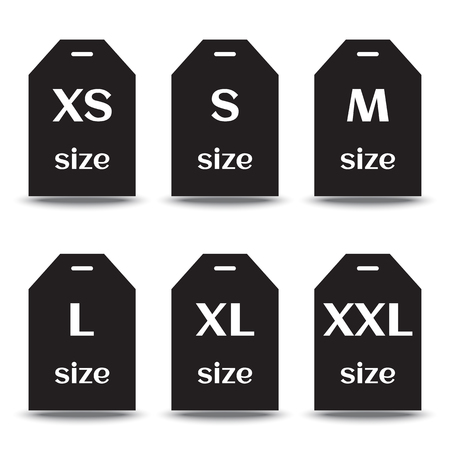 Set of size clothing label icons, black silhouette with white inscription. Vector illustrationのイラスト素材