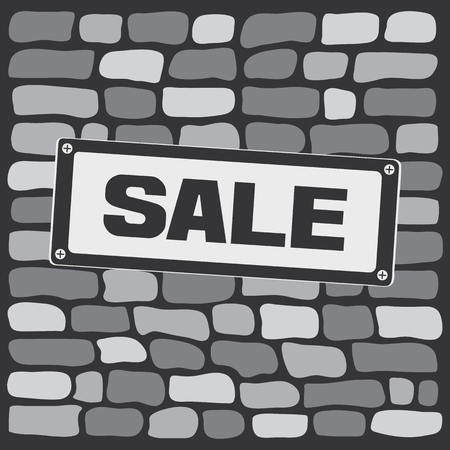 Signboard with inscription SALE on gray brick wall. Vector illustrationのイラスト素材