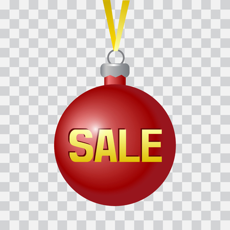 Red Christmas ball with yellow ribbon and inscription SALE on transparent background. Vector illustration.のイラスト素材