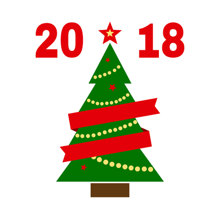 Colored festive card with christmas tree and red ribbon with inscription 2018. Vector illustrationのイラスト素材