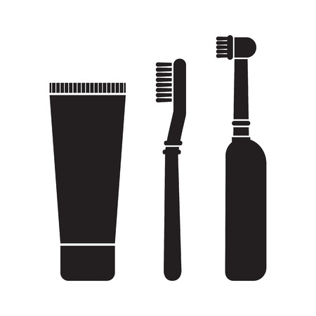 Set of toothpaste, toothbrush and electric toothbrush. Black silhouette, flat design. Vector illustration.のイラスト素材