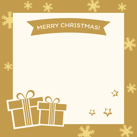 Golden festive frame with gift boxes, snowflakes, stars and ribbon with inscription MERRY CHRISTMAS. Vector illustration.のイラスト素材