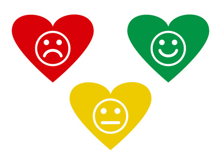 Red, yellow and green hearts with smileys emoticons negative, neutral and positive, different mood. Vector illustrationのイラスト素材