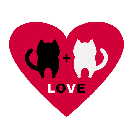 Black and white cats couple in the center red heart and inscription LOVE. Festive card for Valentine's Day. Vector illustrationのイラスト素材