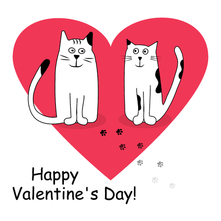 Black and white cats couple in the center pink heart. Vector illustrationのイラスト素材