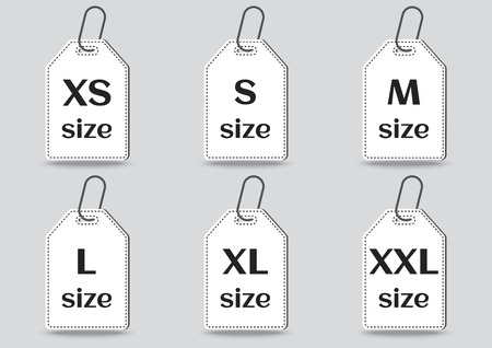 Set of size clothing label icons on gray background, white silhouette with black inscription.のイラスト素材