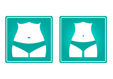 Icons female body silhouette. Fat and slim woman figure, before and after weight loss. Vector illustrationのイラスト素材