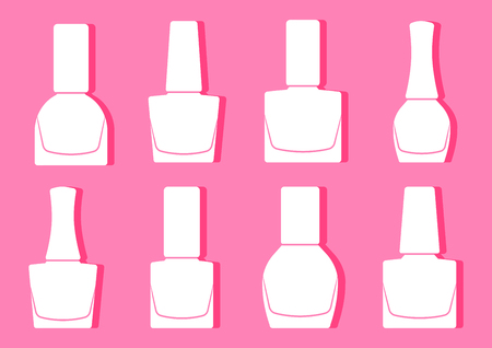 Set of nail polish bottle, white silhouette on pink background. Vector illustrationのイラスト素材