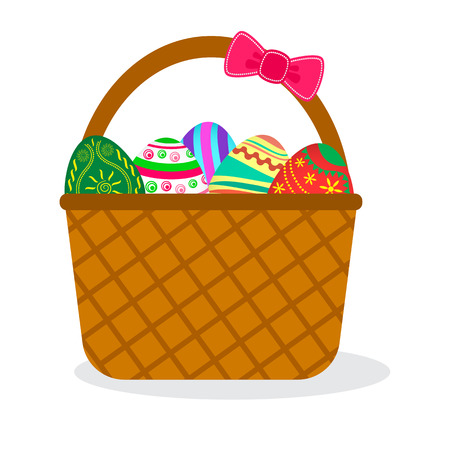 Colorful easter eggs in basket with pink bow, isolated on white background. Vector illustrationのイラスト素材