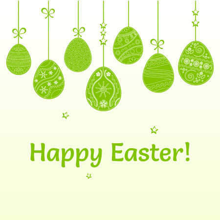 Easter eggs hanging. Celebratory card. Light green and white colors. Vector illustrationのイラスト素材