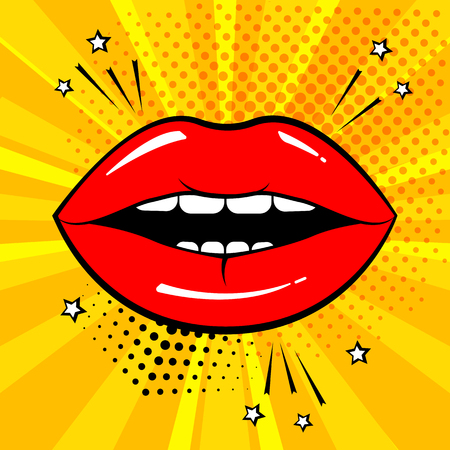 Red lips on orange background in pop art style. Vector illustrationのイラスト素材