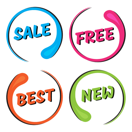 Colorful set of round frame with inscription SALE, FREE, BEST, NEW.のイラスト素材