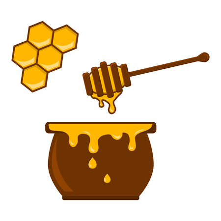 Honey jar, spoon and honeycomb. Vector illustrationのイラスト素材