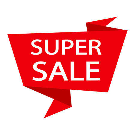 Red ribbon banner with white inscription SUPER SALE. Vector illustrationのイラスト素材