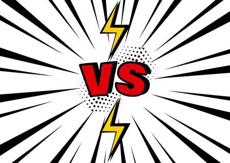 Versus. VS word with lightning on black and white pop art background with sunbeams. Vector illustration.のイラスト素材