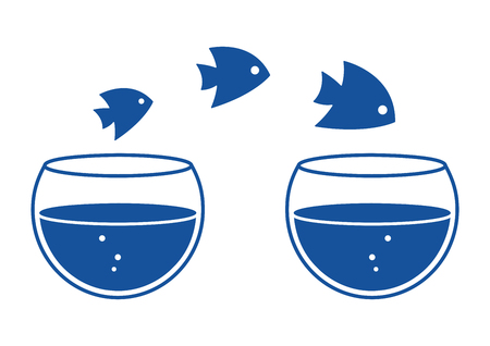 Fishs jumping out one aquariums to another aquarium. Blue silhouettes. Vector illustrationのイラスト素材