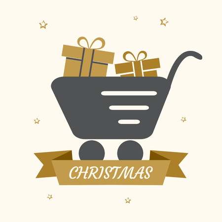 Golden and gray festive card. Trolley with gifts and ribbon. White inscription Christmas. Vector illustrationのイラスト素材