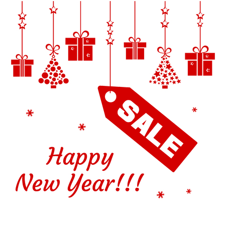 Festive postcard. Red gift boxes end christmas trees, price tag SALE and inscription Happy New Year. Vector illustrationのイラスト素材