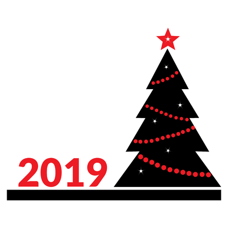 Black and red New Year card with christmas tree and inscription 2019. Vector illustrationのイラスト素材