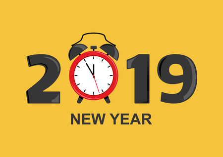Holiday New Year card with alarm clock, inscription 2019 and New Year. Vector illustrationのイラスト素材