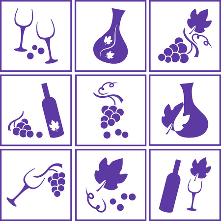 Grapes, wineglass and wine bottles. Set of square purple icons. Vector illustrationのイラスト素材
