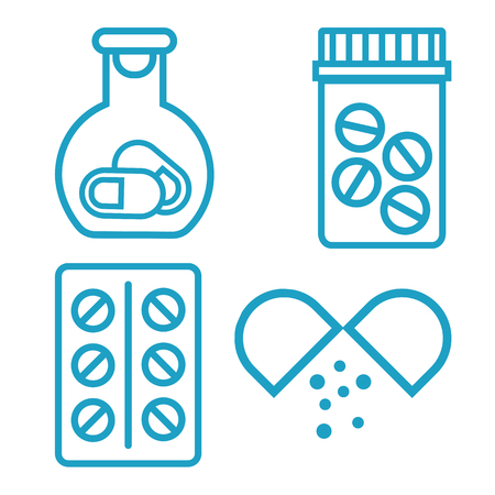 Medicine bottle and pills, outline design. Vial with pills, blue medical icon. Vector illustrationのイラスト素材